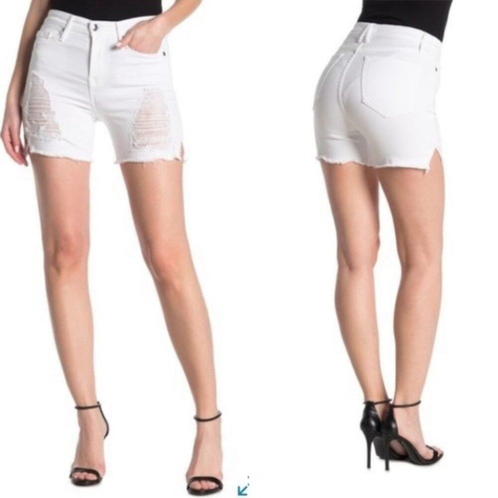 Good American White Distressed Side Slit High Waisted Cutoff Shorts Size 24